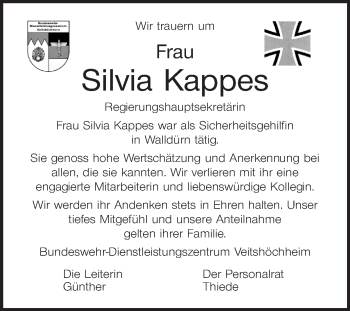 Traueranzeige von Silvia Kappes von Fränkische Nachrichten