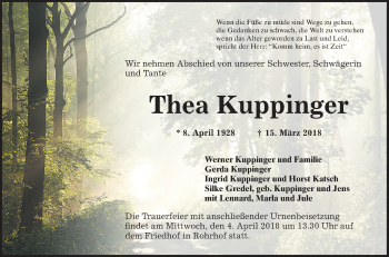 Traueranzeige von Thea Kuppinger von Schwetzinger Zeitung