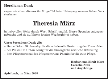 Traueranzeige von Theresia März von Fränkische Nachrichten