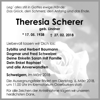 Traueranzeige von Theresia Scherer von Fränkische Nachrichten