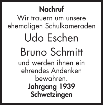 Traueranzeige von Udo Eschen von Schwetzinger Zeitung