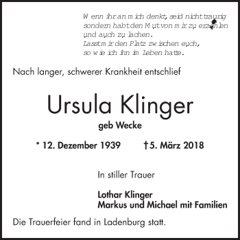 Traueranzeige von Ursula Klinger von Mannheimer Morgen