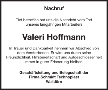 Traueranzeige von Valeri Hoffmann von Fränkische Nachrichten