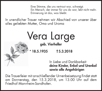 Traueranzeige von Vera Large von Mannheimer Morgen