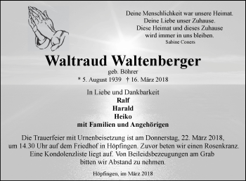 Traueranzeige von Waltraud Waltenberger von Fränkische Nachrichten