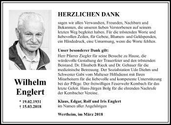 Traueranzeige von Wilhelm Englert von Fränkische Nachrichten