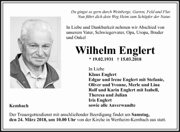 Traueranzeige von Wilhelm Englert von Fränkische Nachrichten