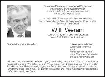 Traueranzeige von Willi Werani von Fränkische Nachrichten