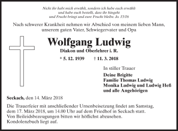 Traueranzeige von Wolfgang Ludwig von Fränkische Nachrichten