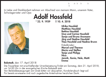 Traueranzeige von Adolf Hossfeld von Fränkische Nachrichten