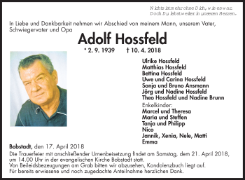 Traueranzeige von Adolf Hossfeld von Fränkische Nachrichten