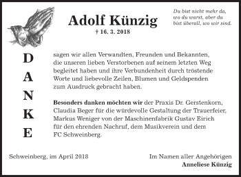 Traueranzeige von Adolf Künzig von Fränkische Nachrichten