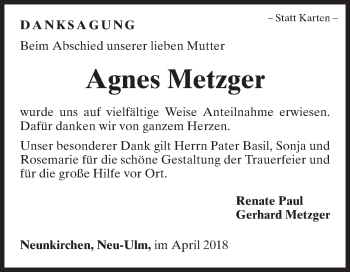 Traueranzeige von Agnes Metzger von Fränkische Nachrichten