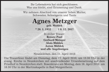 Traueranzeige von Agnes Metzger von Fränkische Nachrichten