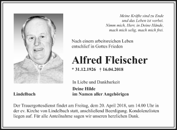 Traueranzeige von Alfred Fleischer von Fränkische Nachrichten