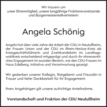 Traueranzeige von Angela Schönig von Schwetzinger Zeitung