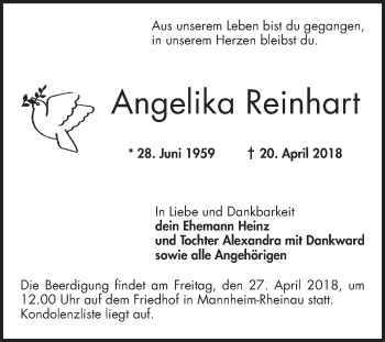 Traueranzeige von Angelika Reinhart von Mannheimer Morgen