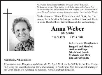 Traueranzeige von Anna Weber von Fränkische Nachrichten