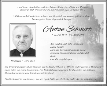 Traueranzeige von Anton Schmitt von Fränkische Nachrichten