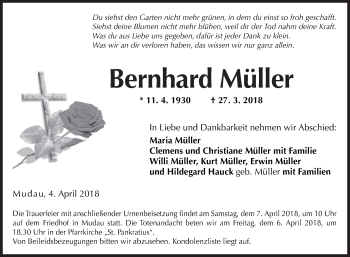 Traueranzeige von Bernhard Müller von Fränkische Nachrichten