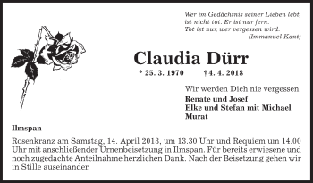 Traueranzeige von Claudia Dürr von Fränkische Nachrichten