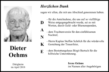 Traueranzeige von Dieter Oehms von Fränkische Nachrichten