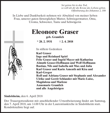 Traueranzeige von Eleonore Graser von Fränkische Nachrichten