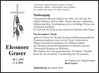 Traueranzeige von Eleonore Graser von Fränkische Nachrichten