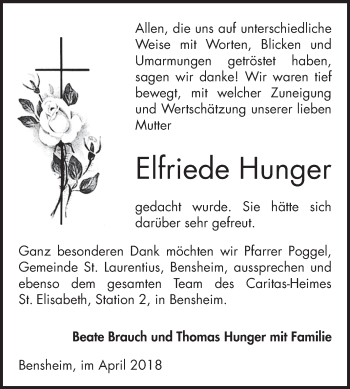 Traueranzeige von Elfriede Hunger von Bergsträßer Anzeiger