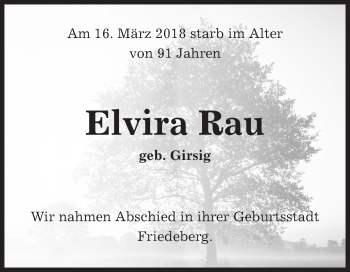 Traueranzeige von Elvira Rau von Fränkische Nachrichten