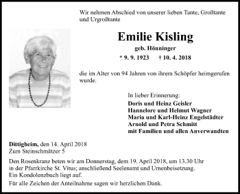 Traueranzeige von Emilie Kisling von Fränkische Nachrichten