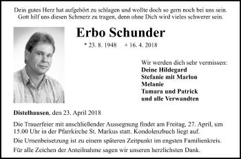 Traueranzeige von Erbo Schunder von Fränkische Nachrichten