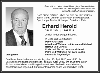 Traueranzeige von Erhard Herold von Fränkische Nachrichten