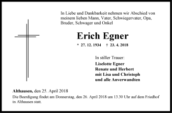 Traueranzeige von Erich Egner von Fränkische Nachrichten