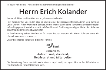 Traueranzeige von Erich Kolander von Mannheimer Morgen