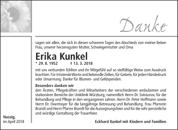 Traueranzeige von Erika Kunkel von Fränkische Nachrichten