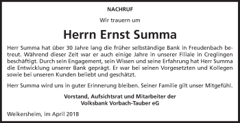 Traueranzeige von Ernst Summa von Fränkische Nachrichten