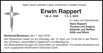 Traueranzeige von Erwin Rappert von Fränkische Nachrichten