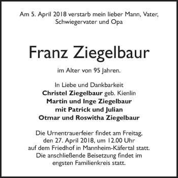 Traueranzeige von Franz Ziegelbaur von Mannheimer Morgen