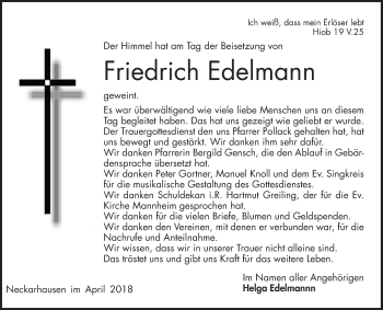 Traueranzeige von Friedrich Edelmann von Mannheimer Morgen