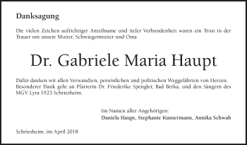 Traueranzeige von Gabriele Maria Haupt von Mannheimer Morgen