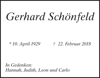 Traueranzeige von Gerhard Schönfeld von Schwetzinger Zeitung