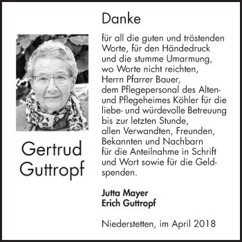 Traueranzeige von Gertrud Guttropf von Fränkische Nachrichten