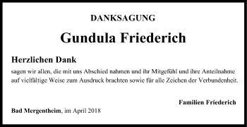 Traueranzeige von Gundula Friederich von Fränkische Nachrichten