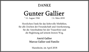 Traueranzeige von Gunter Gallier von Mannheimer Morgen