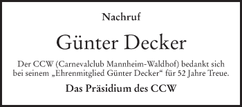 Traueranzeige von Günter Decker von Mannheimer Morgen