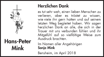 Traueranzeige von Hans-Peter Mink von Bergsträßer Anzeiger