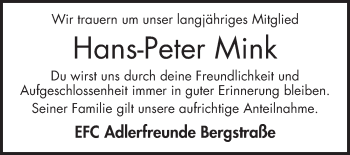 Traueranzeige von Hans-Peter Mink von Bergsträßer Anzeiger