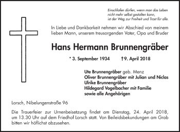 Traueranzeige von Hans Hermann Brunnengräber von Bergsträßer Anzeiger