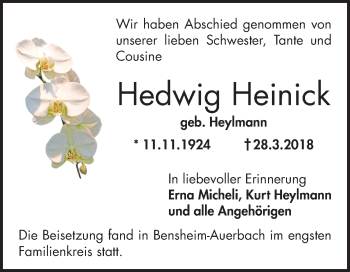 Traueranzeige von Hedwig Heinick von Bergsträßer Anzeiger